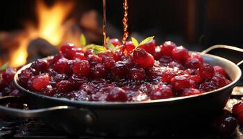 ai generiert frisch, reif Beeren auf ein hölzern Tisch, ein Sommer- Freude generiert durch ai foto