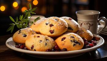 ai generiert hausgemacht Blaubeere Muffin auf rustikal Tisch, ein Süss Genuss generiert durch ai foto