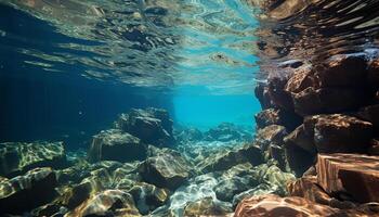 ai generiert unter Wasser Abenteuer Schwimmen mit bunt Fisch im tropisch Riff generiert durch ai foto