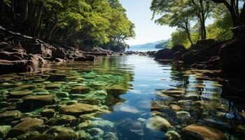 ai generiert still Szene Blau Wasser spiegelt Grün Bäume im Natur generiert durch ai foto