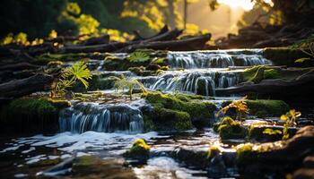 ai generiert still Szene fließend Wasser, Grün Bäume, Herbst Blätter, natürlich Schönheit generiert durch ai foto