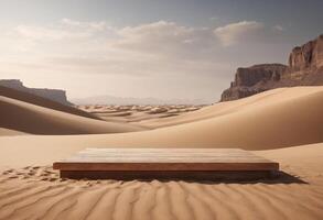 ai generiert hölzern Podium mit Sand Hintergrund generativ ai foto