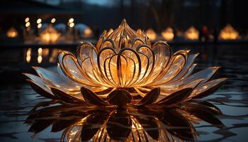 ai generiert das glühend Lotus spiegelt auf das still Teich beim Dämmerung generiert durch ai foto