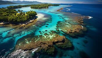 ai generiert Antenne Aussicht von still Küste, Türkis Wasser, und sandig Strand generiert durch ai foto