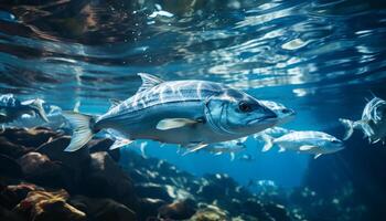 ai generiert unter Wasser Schönheit Fisch Schwimmen im ein tropisch Riff Paradies generiert durch ai foto