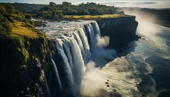 ai generiert majestätisch Wasserfall fließt Über Cliff im tropisch Regenwald, atemberaubend Schönheit generiert durch ai foto