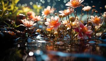 ai generiert ein beschwingt Strauß von Blumen spiegelt im ein still Teich generiert durch ai foto