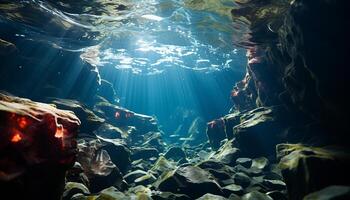 ai generiert unter Wasser Abenteuer Fisch schwimmen unten Blau Felsen, erkunden Natur Schönheit generiert durch ai foto