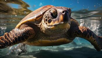 ai generiert ein schleppend Schwimmen Meer Schildkröte im das Blau Wasser generiert durch ai foto