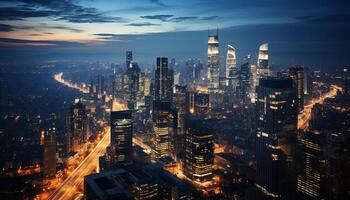 ai generiert modern Stadt Horizont beleuchtet beim Nacht mit glühend Wolkenkratzer generiert durch ai foto