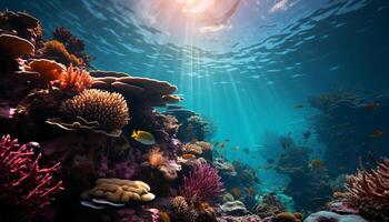 ai generiert unter Wasser Riff, Fisch, Koralle, Wasser, multi farbig, tropisch Klima, Blau Meer generiert durch ai foto