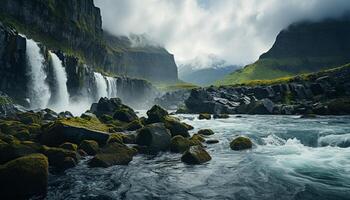 ai generiert majestätisch Berg Gipfel, Wasserfall fließen, dunkel Himmel, Nein Menschen generiert durch ai foto