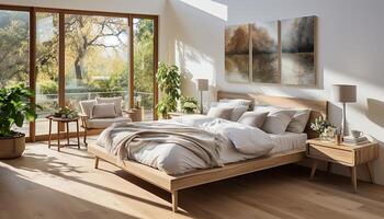 ai generiert modern, komfortabel Schlafzimmer mit elegant Design, luxuriös Holz Bodenbelag, und breit Fenster generiert durch ai foto