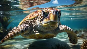 ai generiert ein schön Meer Schildkröte Schwimmen im das unter Wasser Riff generiert durch ai foto