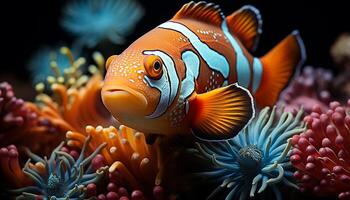 ai generiert beschwingt Clown Fisch Schwimmen im bunt Koralle Riff unter Wasser generiert durch ai foto