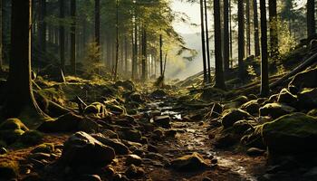 ai generiert still Szene Herbst Wald, Sonnenlicht durch Nebel, Natur Schönheit generiert durch ai foto