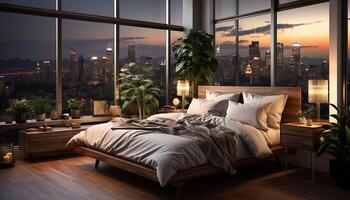 ai generiert Luxus Hotel Suite, modern Design, komfortabel Bett, Stadtbild Aussicht generiert durch ai foto