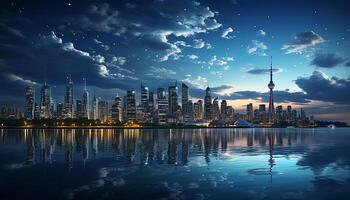 ai generiert Wolkenkratzer erleuchten das modern Stadt Horizont beim Nacht, reflektieren im das Wasser generiert durch ai foto