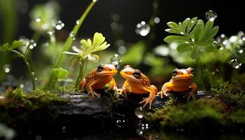 ai generiert ein süß rot Augen Baum Frosch Sitzung auf ein nass Blatt generiert durch ai foto