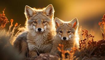 ai generiert süß rot Fuchs Hündchen Sitzung im Schnee, suchen beim Sonnenuntergang generiert durch ai foto