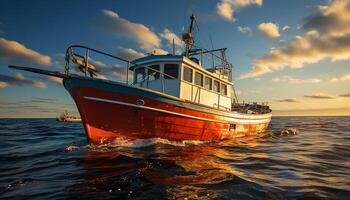 ai generiert Sonnenuntergang Über still Meereslandschaft, Yacht Segel gegenüber festgemacht Angeln Boot generiert durch ai foto