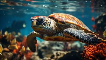 ai generiert tropisch Meer Schildkröte Schwimmen im bunt unter Wasser Riff generiert durch ai foto