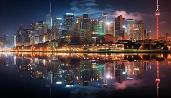 ai generiert Stadtbild beim Nacht Wolkenkratzer erleuchten das städtisch Horizont generiert durch ai foto