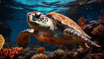 ai generiert ein schön Meer Schildkröte Schwimmen im das bunt unter Wasser Riff generiert durch ai foto