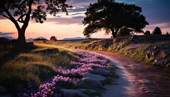 ai generiert still Wiese beim Dämmerung, lila Blumen unter ein Rosa Himmel generiert durch ai foto