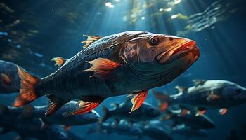 ai generiert ein Schule von bunt Fisch Schwimmen im das tief Blau generiert durch ai foto