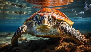 ai generiert ein süß Schildkröte Schwimmen im das Blau Meer, umgeben durch Koralle generiert durch ai foto