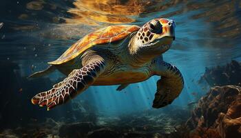 ai generiert ein süß Meer Schildkröte Schwimmen im das Blau unter Wasser generiert durch ai foto