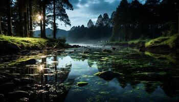 ai generiert still Szene Natur Schönheit reflektiert im Wasser, Wald, und Berge generiert durch ai foto