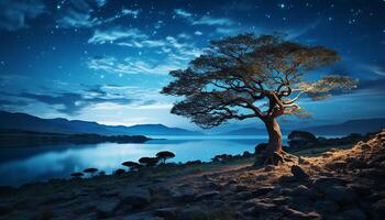 ai generiert Silhouette von Baum auf Berg, reflektieren im still Wasser generiert durch ai foto