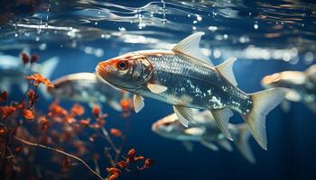 ai generiert unter Wasser Schönheit Fisch Schwimmen im ein tropisch Blau Riff generiert durch ai foto