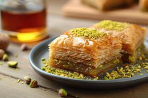 ai generiert Baklava mit Pistazie Nuss auf Platte, geschichtet Gebäck Dessert gemacht von Filo Gebäck, und gesüßt mit Sirup oder Honig foto