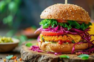 ai generiert Avocado Sandwich mit vegan Burger, braten Gelb Pfeffer und eingelegt rot Kohl. selektiv Fokus. generativ ai foto