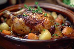 ai generiert hingeben im Französisch Tradition, coq au vin - - ein kulinarisch Meisterstück foto