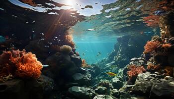 ai generiert unter Wasser Abenteuer Fisch, Koralle, Tauchen, tropisch Klima, Blau Meer generiert durch ai foto