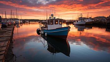 ai generiert Sonnenuntergang Über still Küste, Angeln Boot festgemacht beim kommerziell Dock generiert durch ai foto