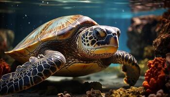 ai generiert ein schön Schildkröte Schwimmen im das Blau unter Wasser Riff generiert durch ai foto