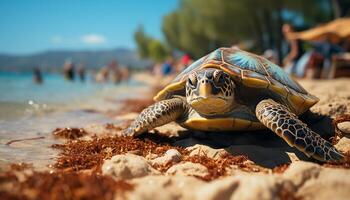 ai generiert tropisch Schildkröte Schwimmen im Blau Wasser, genießen Sommer- Urlaube generiert durch ai foto