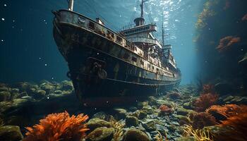 ai generiert unter Wasser Schiffswrack offenbart Schönheit im Natur verlassen unter Wasser Reise generiert durch ai foto