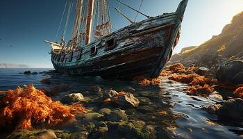 ai generiert verlassen Schiffswrack, gebrochen und rostig, erzählt ein mysteriös nautisch Reise generiert durch ai foto