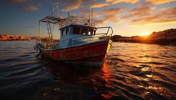 ai generiert nautisch Schiff Segel auf still Wasser, Sonnenuntergang spiegelt Natur generiert durch ai foto