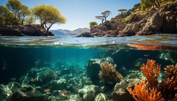 ai generiert unter Wasser Riff, Fisch schwimmen im tief Blau tropisch Wasser generiert durch ai foto