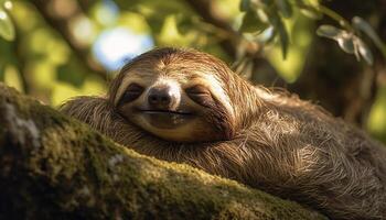 ai generiert süß Affe Schlafen auf Zweig, suchen beim Kamera im Wald generiert durch ai foto