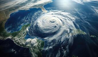 ai generiert Hurrikan Annäherung das amerikanisch Kontinent sichtbar über das Erde , ein Aussicht von das Satellit foto