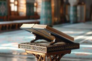 ai generiert Koran, heilig Buch von Islam im Moschee. generativ ai foto