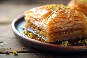 ai generiert Baklava mit Pistazie Nuss auf Platte, geschichtet Gebäck Dessert gemacht von Filo Gebäck, und gesüßt mit Sirup oder Honig foto